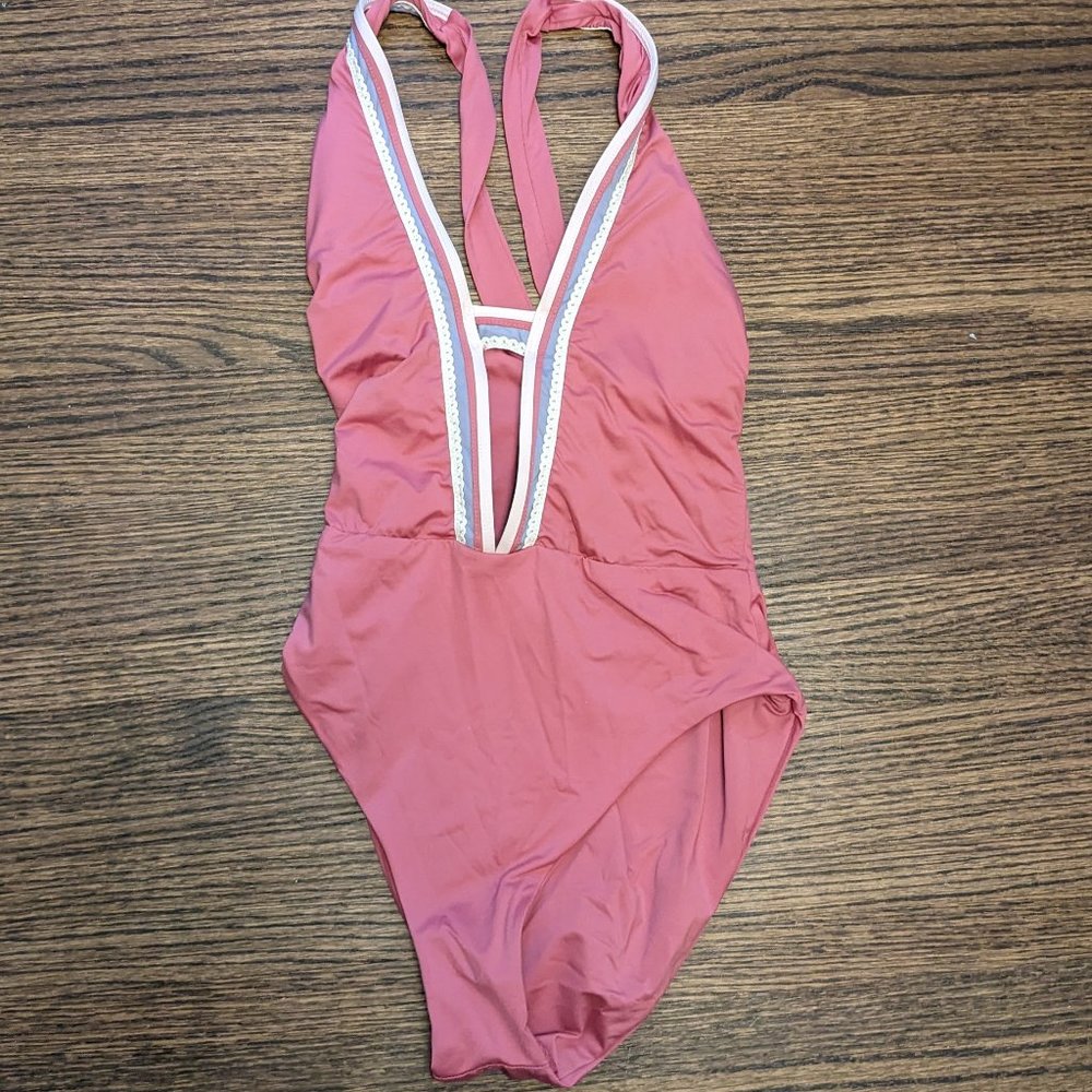 Dusty Pink Swimsuit with Plunging Neck Line - Picture 2 of 8
